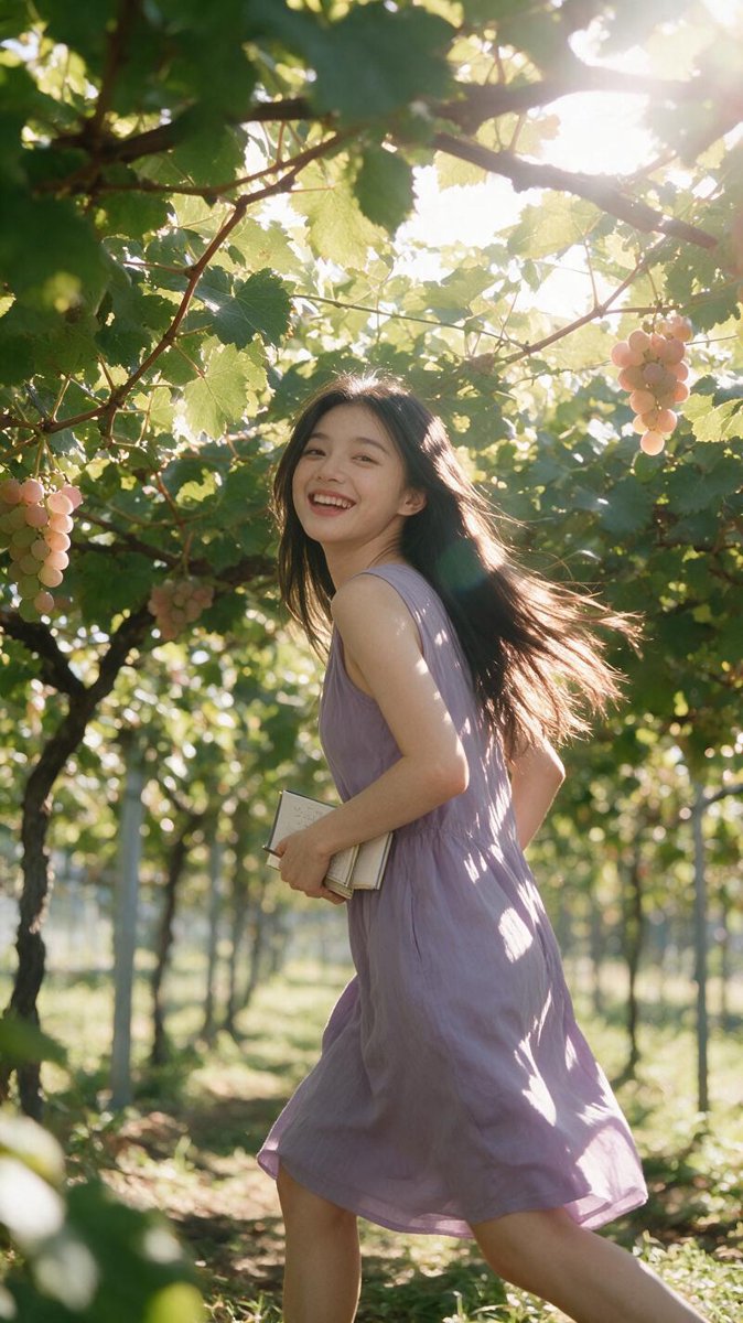 Sofie in a flowing lavender sundress walking through the University of Yamanashi experimental Koshu vineyard, glancing back over her shoulder in golden afternoon light