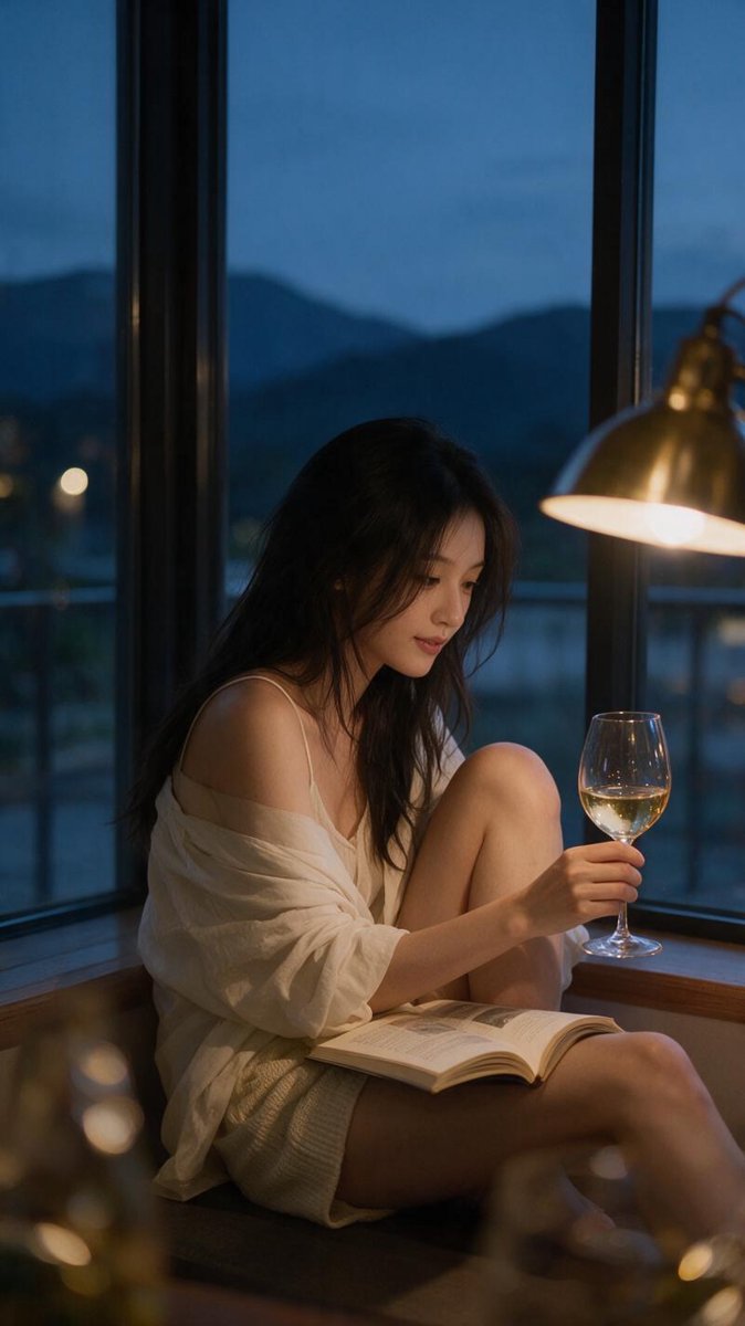 Sofie curled on a windowsill at dusk with a glass of Koshu wine, loose hair, soft open shirt, warm lamplight in a cozy campus common room