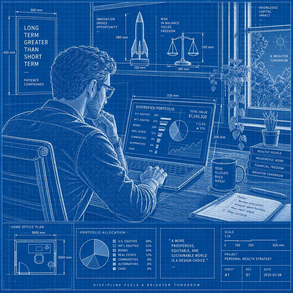 Actionable advice scene: professional reviewing a diversified portfolio at a modern desk