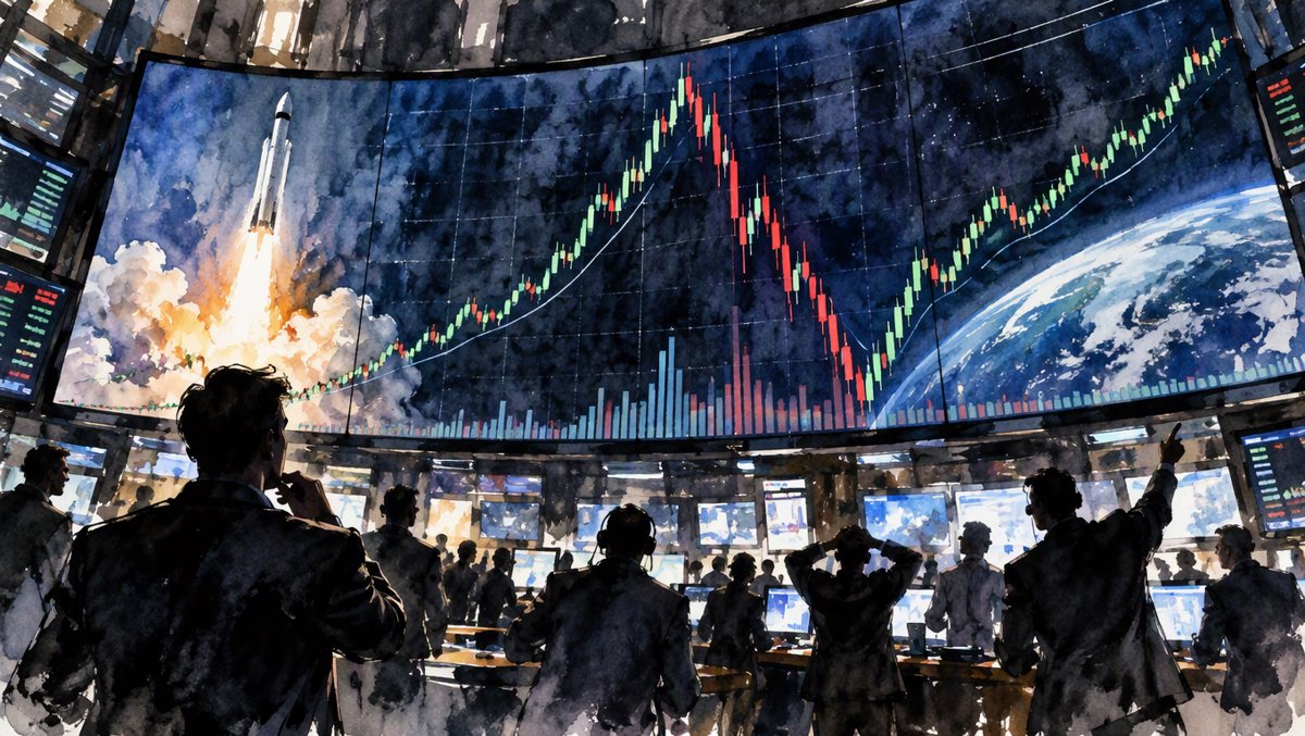 Data visualization scene: trading wall showing SpaceX's IPO spike, summer plunge, and recovery