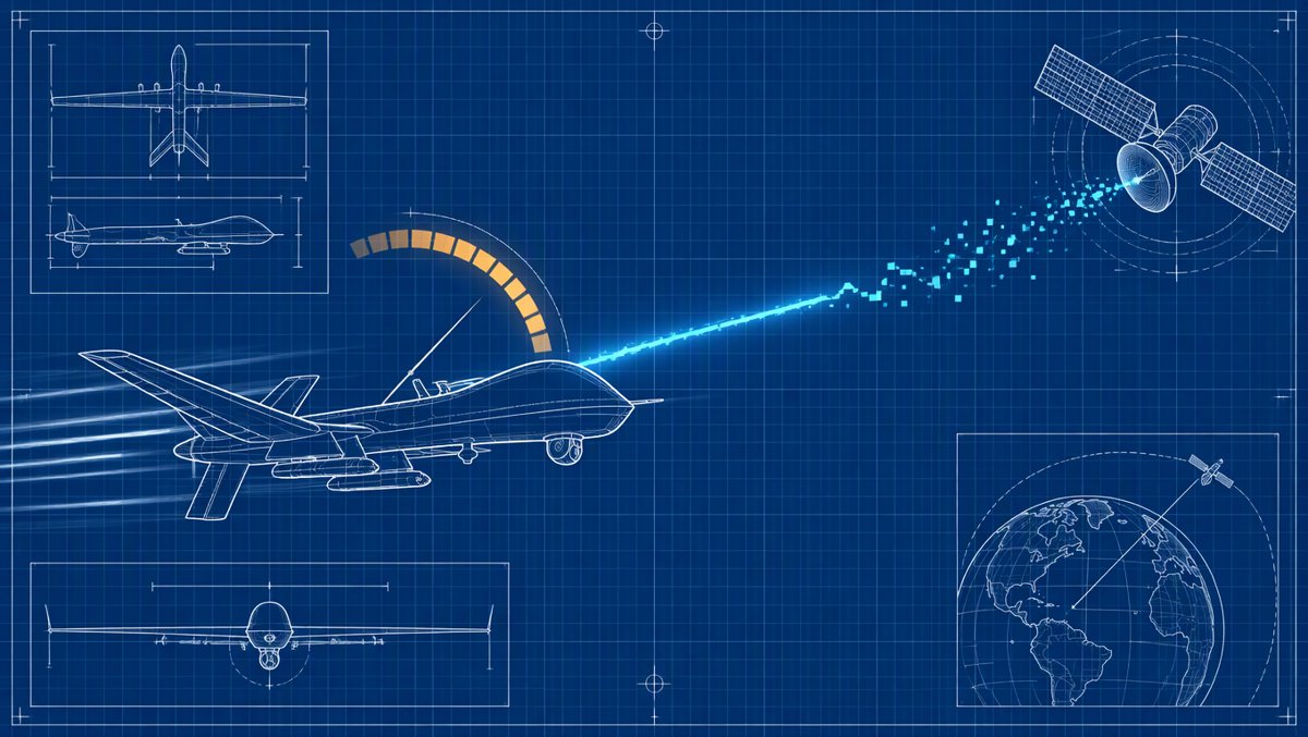 Concept illustration: a drone's satellite datalink stretching and snapping as it exceeds a speed threshold