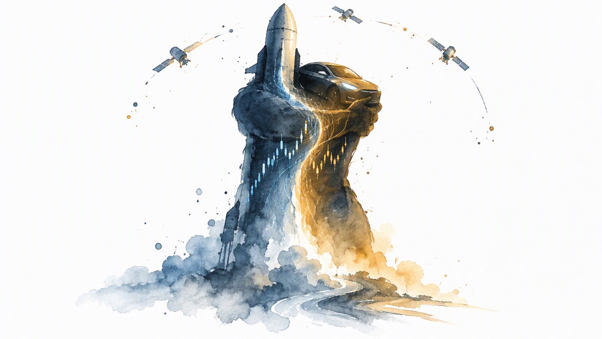 Concept illustration: rocket and car silhouettes merging against a starfield, stock-chart light streaks flowing between them