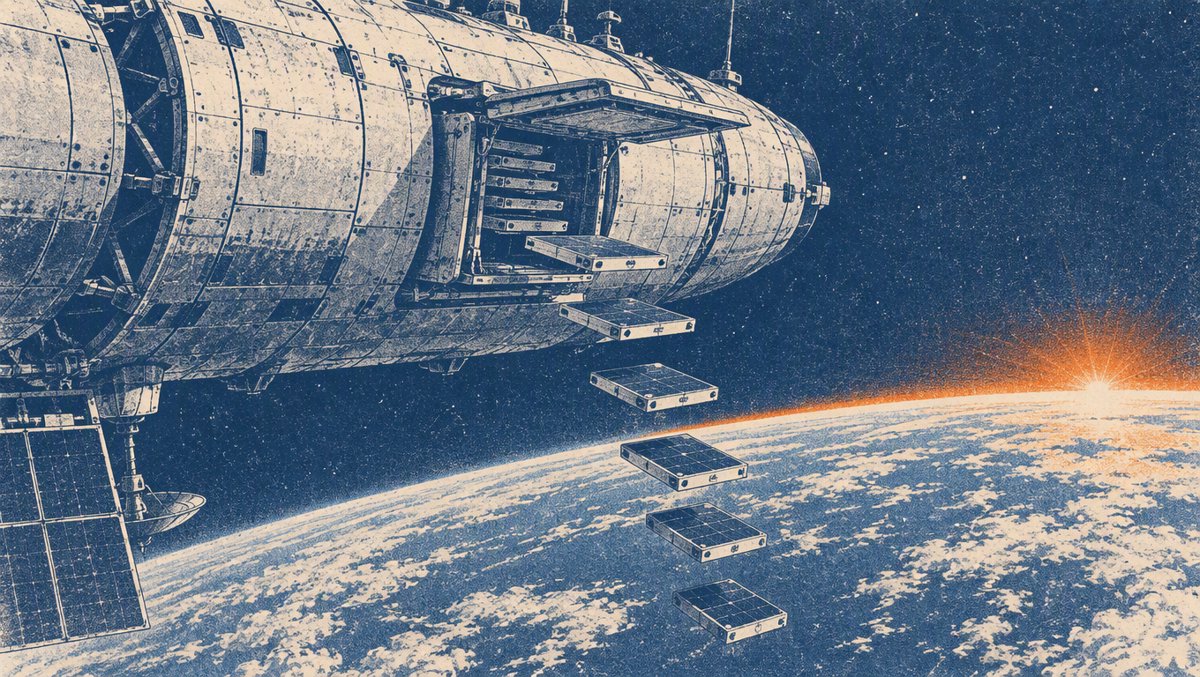 Illustration of Starship in low Earth orbit releasing its stack of flat Starlink V3 satellites through a side cargo hatch, one by one, against an orbital sunrise