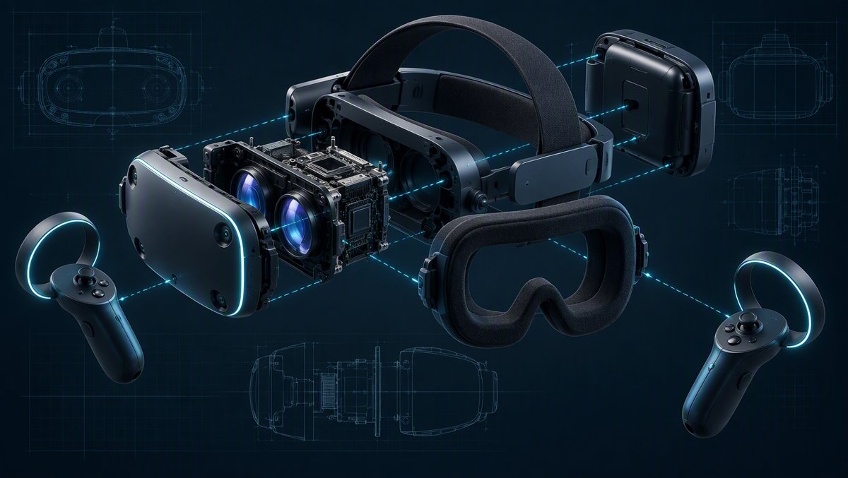Exploded-view concept art of a modular VR headset system — front compute core, rear battery pack, detachable face gasket and controllers