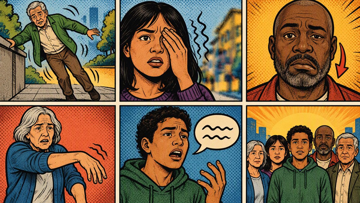 Illustration of diverse people demonstrating BE FAST stroke warning signs β balance, eyes, face, arms, speech, and time