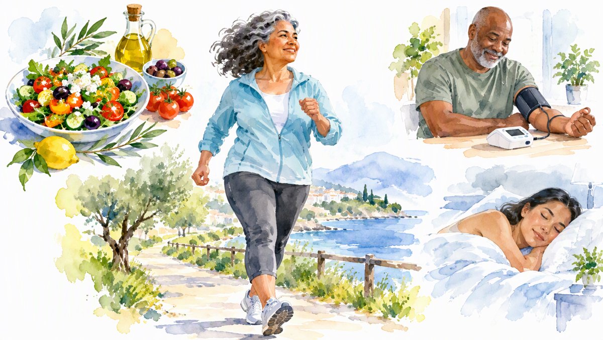 Flat illustration of diverse people walking, eating colorful Mediterranean vegetables, and checking a blood pressure monitor