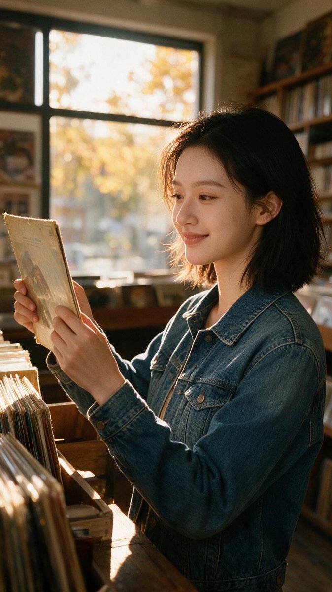 Summer on Repeat — cover art: Lucy crate-digging in a sunlit vintage record shop, holding a worn sleeve up to golden afternoon light, warm amber and walnut palette