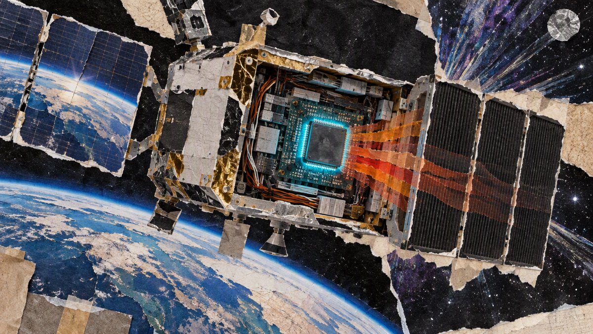 Inside the orbital instrument: a single AI accelerator glowing on a satellite bus, heat pushed out through radiator panels