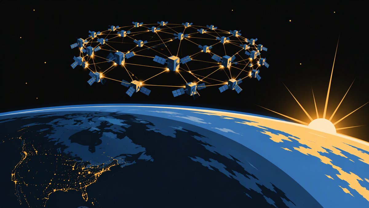 A one-kilometer cluster of satellites holding formation in low Earth orbit, threads of laser light linking them