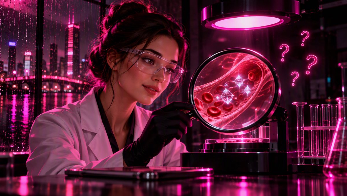 Friendly scientist examining a magnified blood vessel and crystal molecules under lab light with question marks