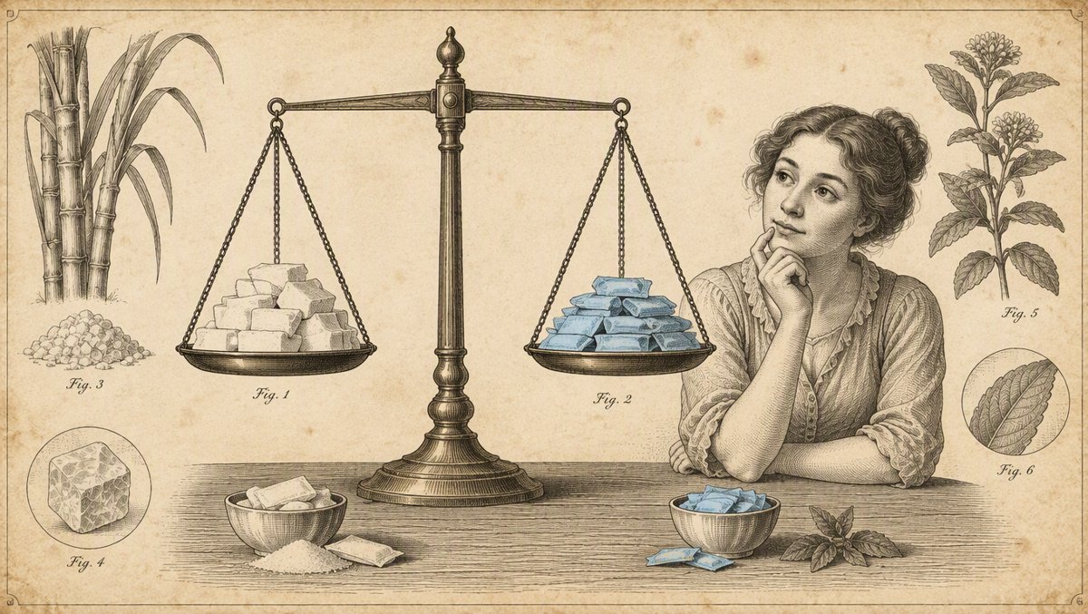 Illustration of a balanced scale weighing sugar packets against sweetener packets while a person observes