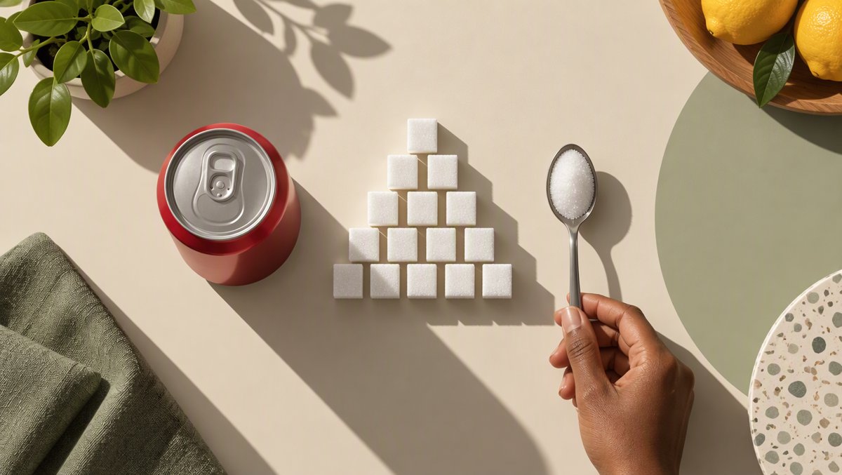 Clean illustration of stacked sugar cubes beside a teaspoon and a soda can, visualizing hidden daily sugar