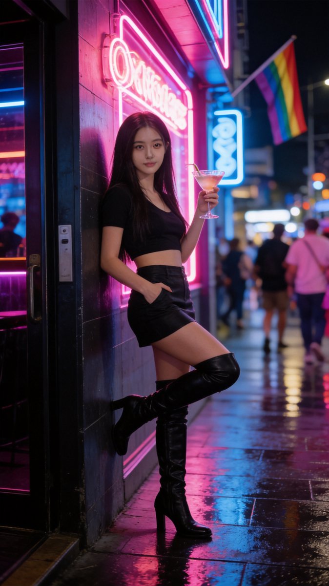 Cindy in a crop top, mini skirt and thigh-high boots posing against neon nightclub signs on Oxford Street Sydney