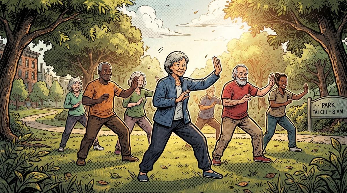 Diverse group of older adults practicing tai chi together in a sunny park for fall prevention