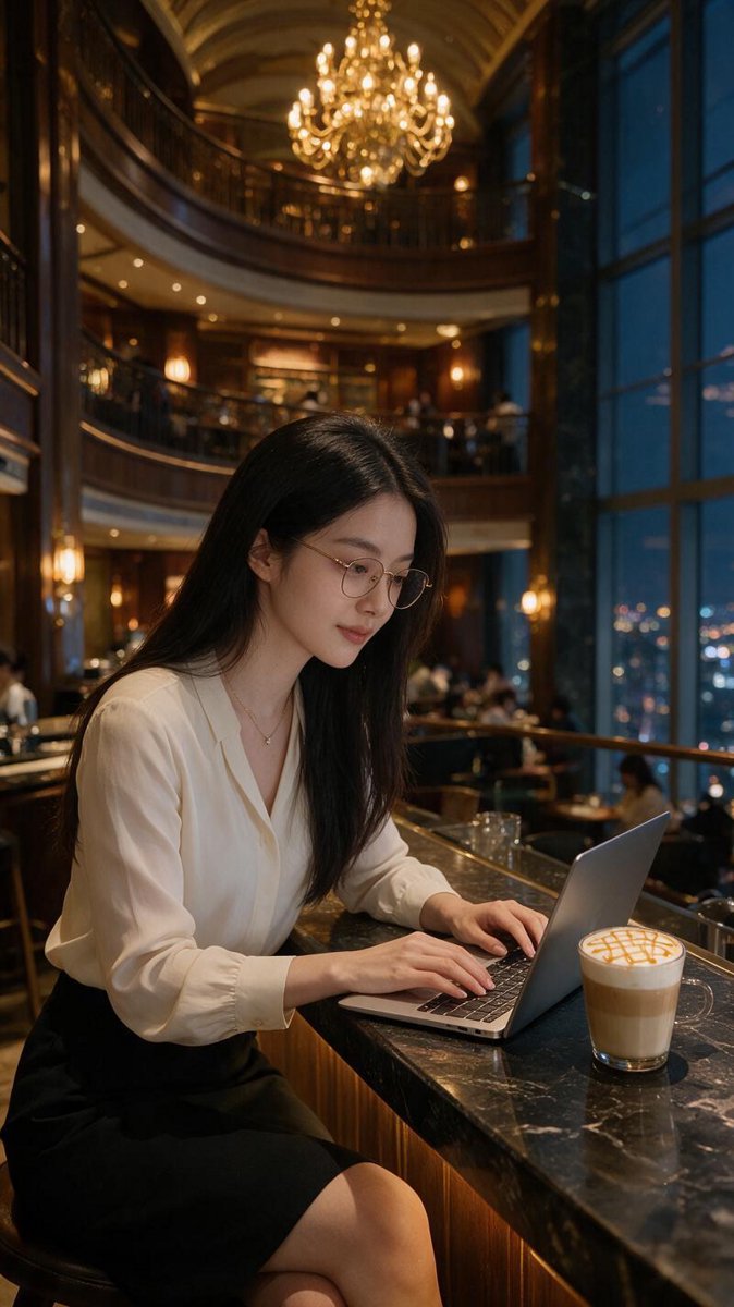 Cindy typing at the marble bar of the 35th-floor Starbucks, the glowing atrium behind her