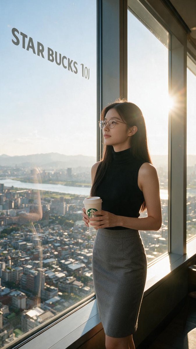 Cindy at golden hour by the floor-to-ceiling window, Taipei spread 350 meters below