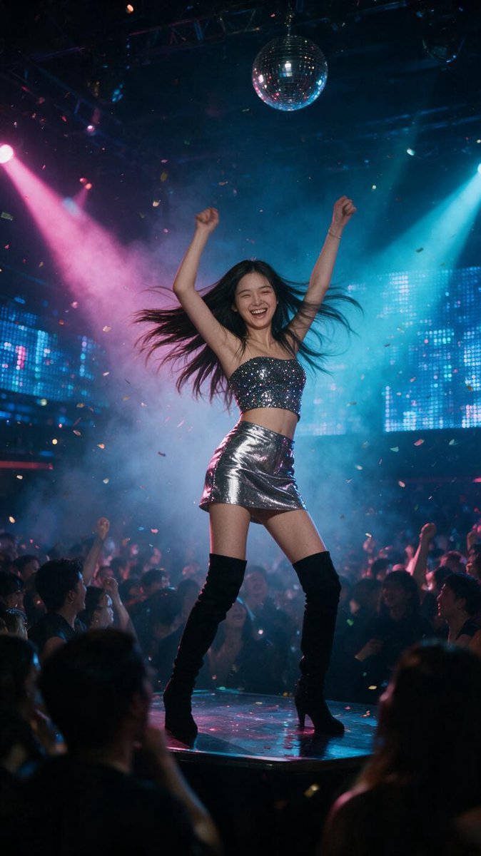 Cindy in a sequined crop top and silver mini skirt dancing under magenta and cyan lasers in a packed Xinyi megaclub in Taipei