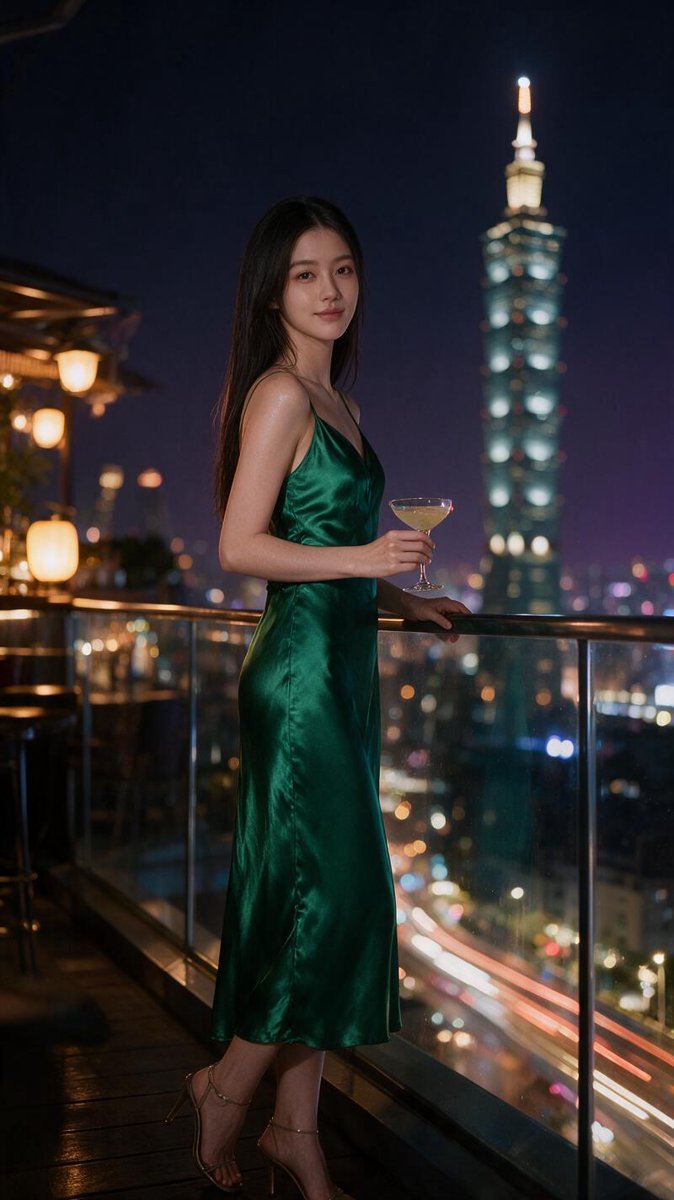 Cindy in an emerald satin slip dress on a Taipei rooftop at 2 AM with Taipei 101 glowing in the background and a cocktail in hand