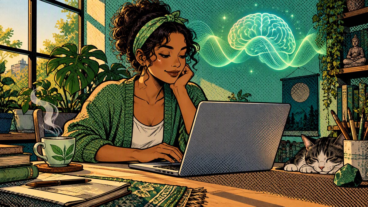 Illustration of a person calmly working with tea, soft brain-wave motif above