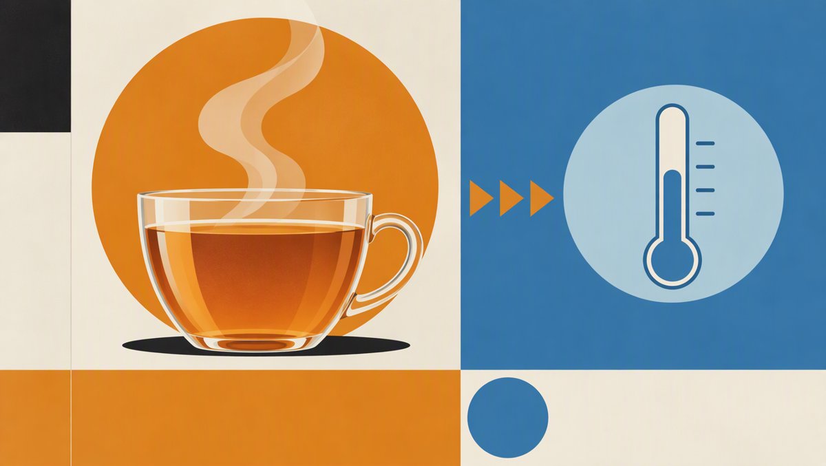 Illustration of a tea cup with steam beside a friendly thermometer icon showing safe temperature