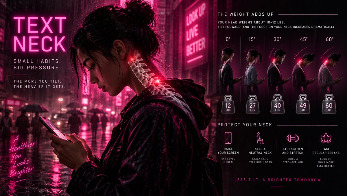 Infographic showing the estimated force on the cervical spine rising as the head tilts forward toward a phone — up to 60 pounds at a 60-degree angle
