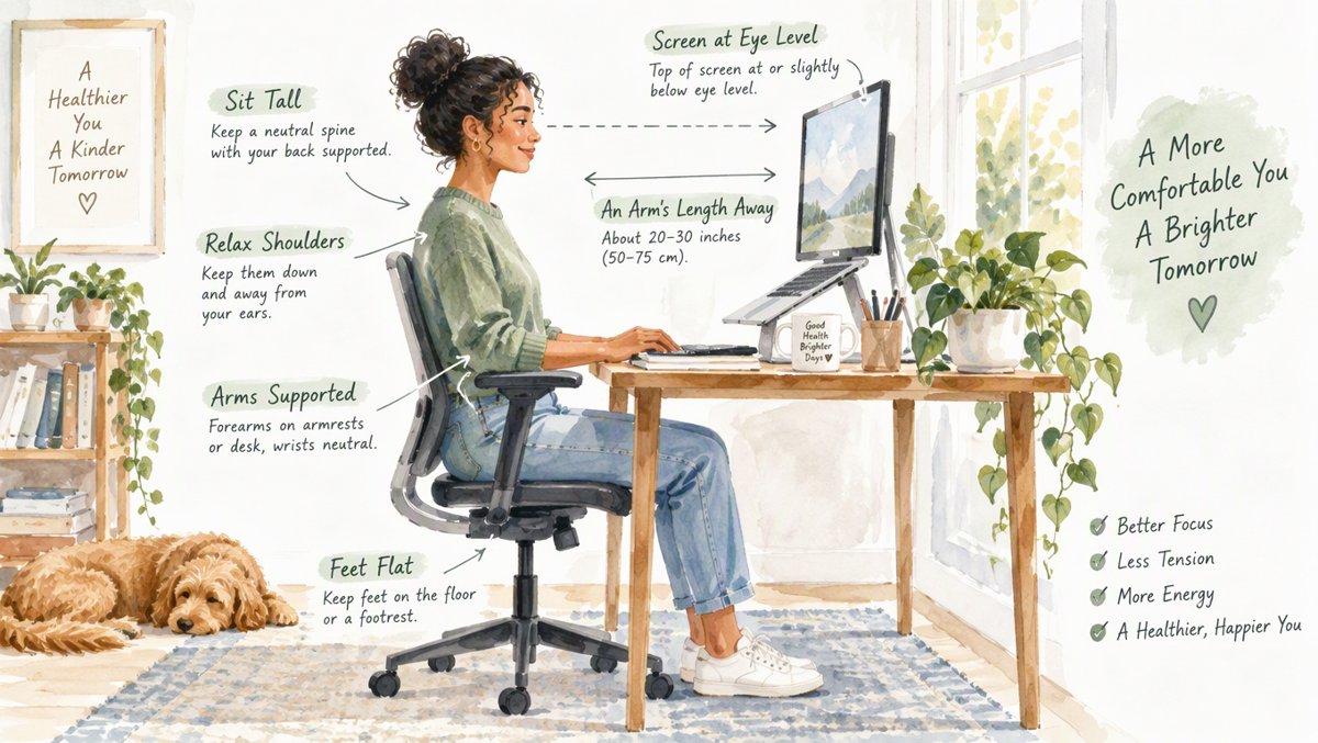 Illustration of an ergonomic workstation setup — monitor at eye level, an arm's length away, relaxed shoulders and supported forearms