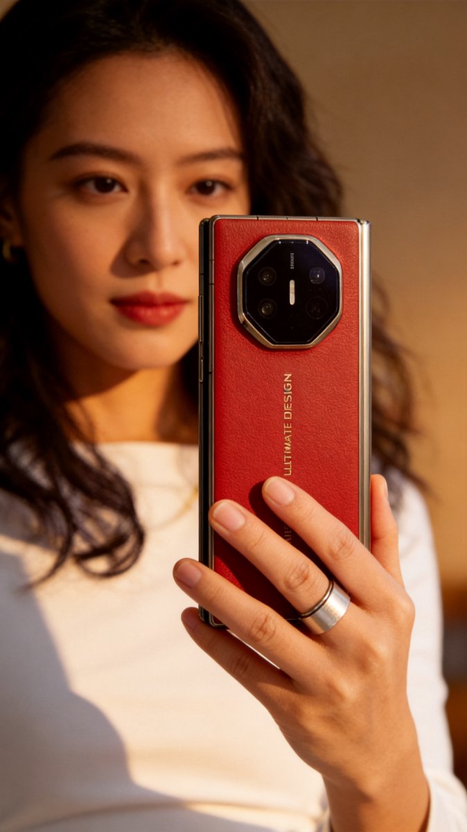 Hands holding the red leather Huawei trifold, rear camera module and HUAWEI ULTIMATE DESIGN branding
