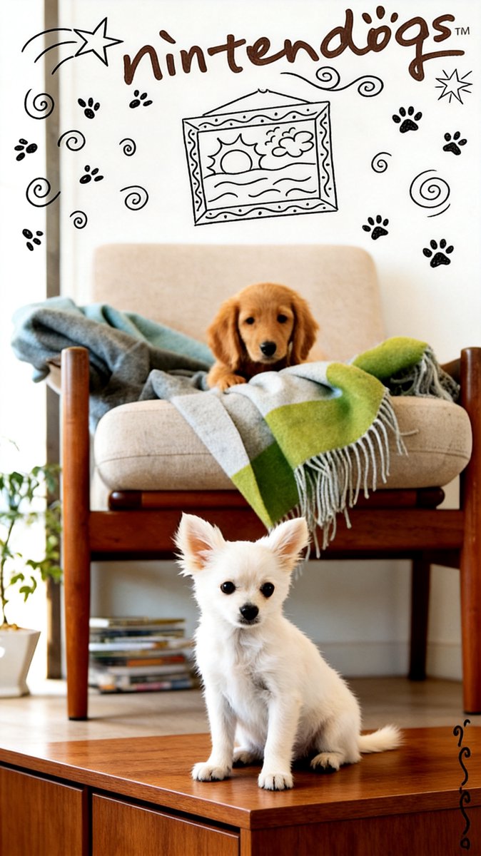Official Nintendogs promotional art with two puppies and hand-drawn doodles