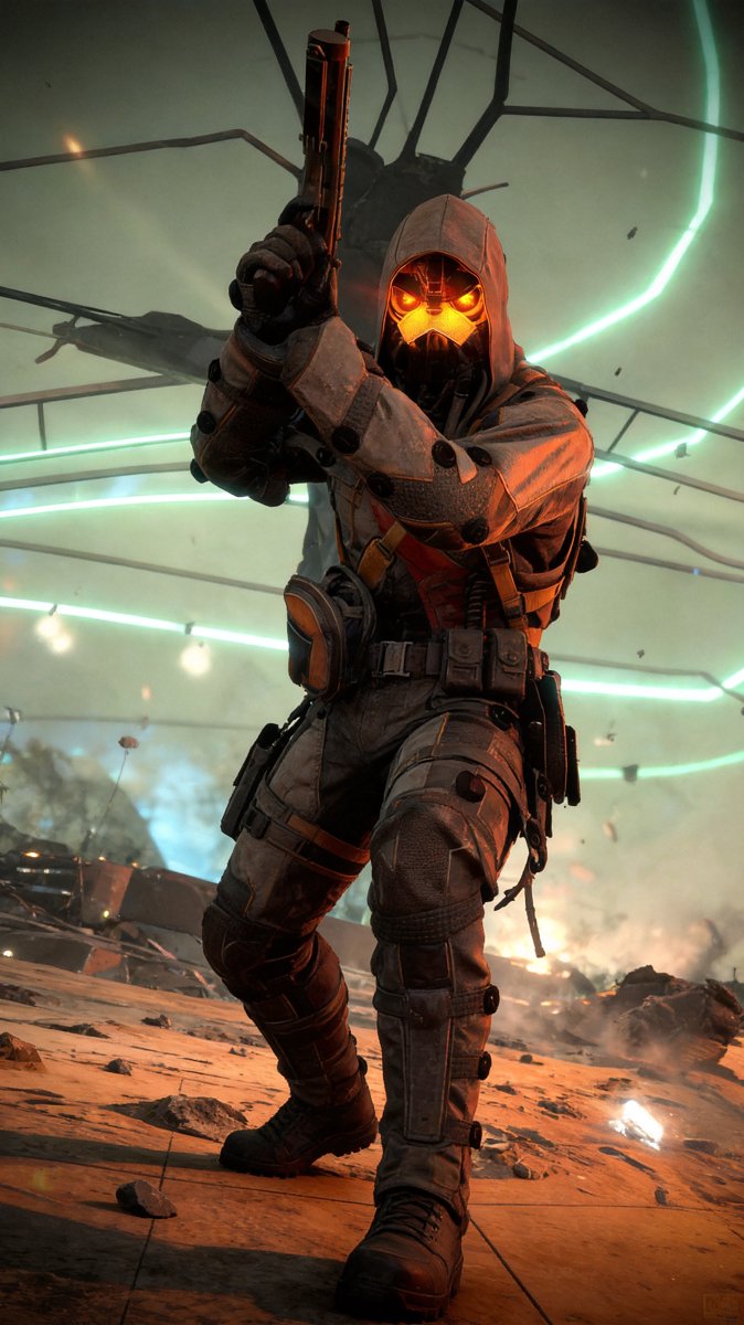 A hooded Helghast soldier with glowing orange goggles raising a rifle on a neon-lit sci-fi battlefield