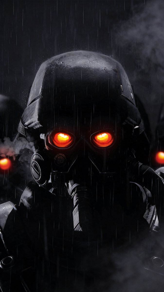 A Helghast trooper in a gas mask with glowing eyes standing in rain, more eyes glowing in the smoky dark behind him