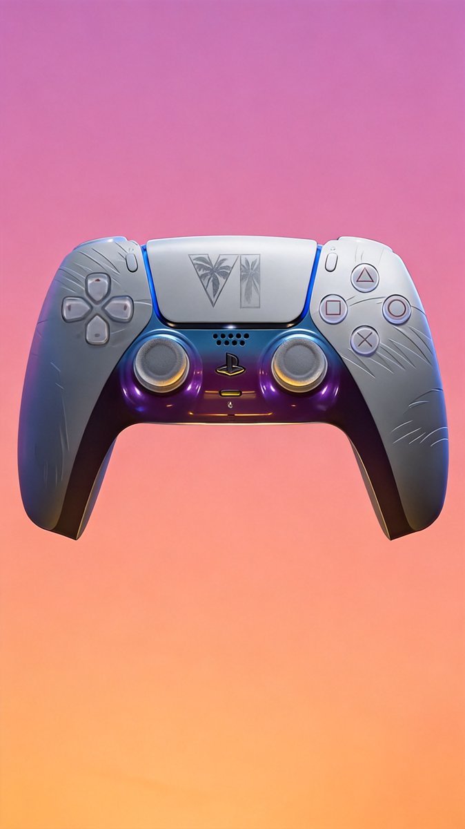 GTA 6 DualSense controller with the palm-tree VI logo over a synthwave sunset