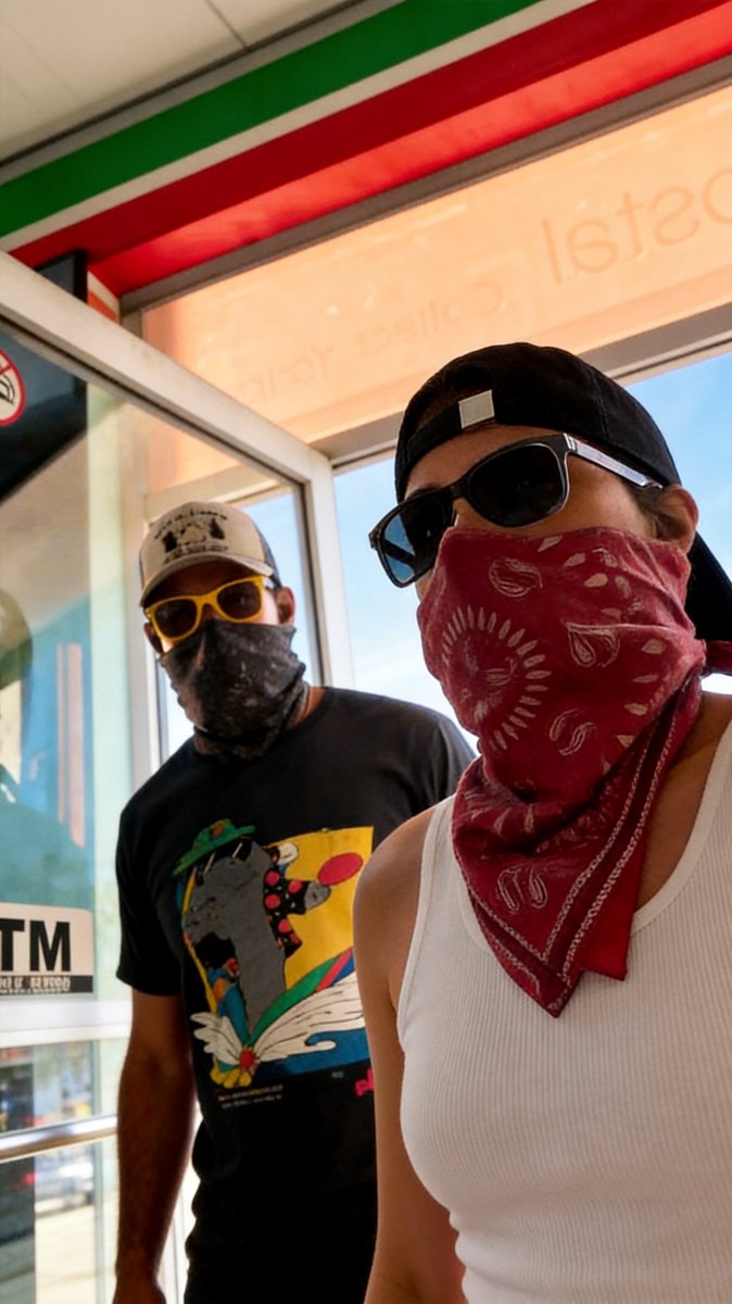 Lucia and Jason in bandana masks and sunglasses outside a store in GTA 6