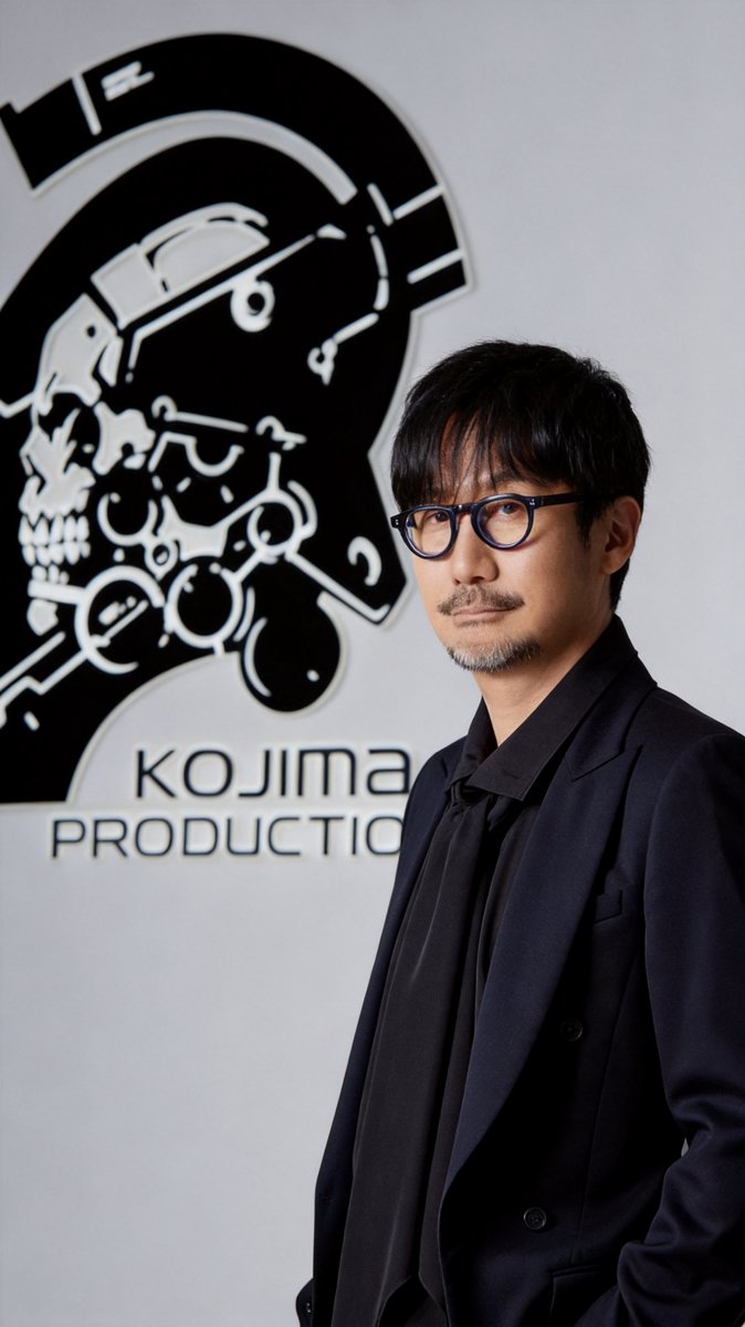 Hideo Kojima studio portrait beside the Kojima Productions skull logo