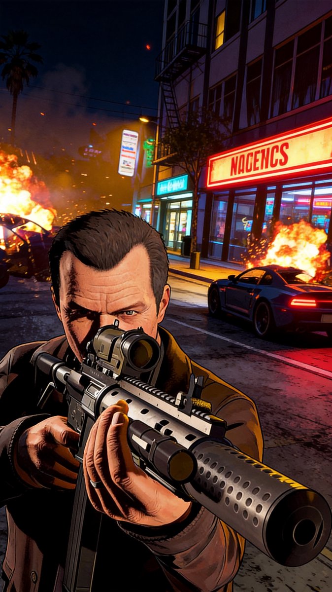 GTA V gameplay screenshot — Michael aiming a scoped rifle through a night firefight, the mod's new camera-hunting missions in spirit