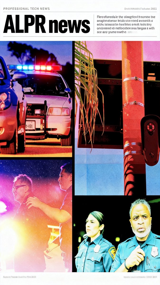 Stylized collage of a real Flock-style ALPR camera on a pole beside a police cruiser and an arrest scene