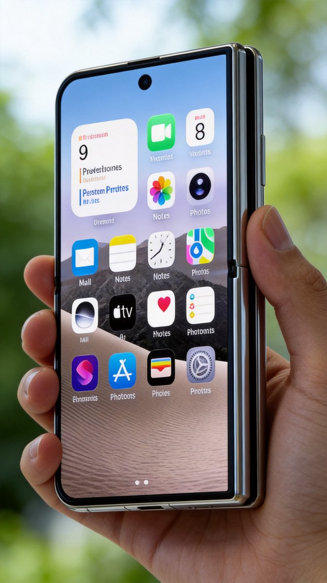 Close-up of the foldable iPhone's home screen held in one hand