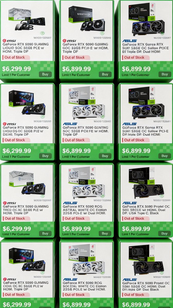 A grid of RTX 5090 listings priced between $6,299.99 and $6,899.99 in green and white packaging