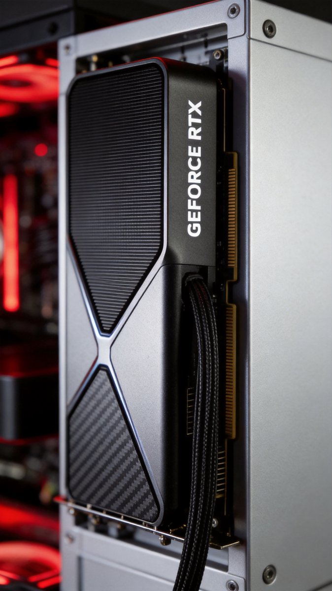 A black GeForce RTX graphics card mounted in a silver case with red and black tones in the background