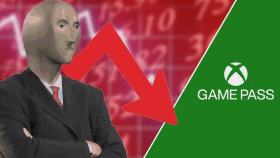 Game Pass logo next to a falling red stock line — subscriber sentiment, presumably