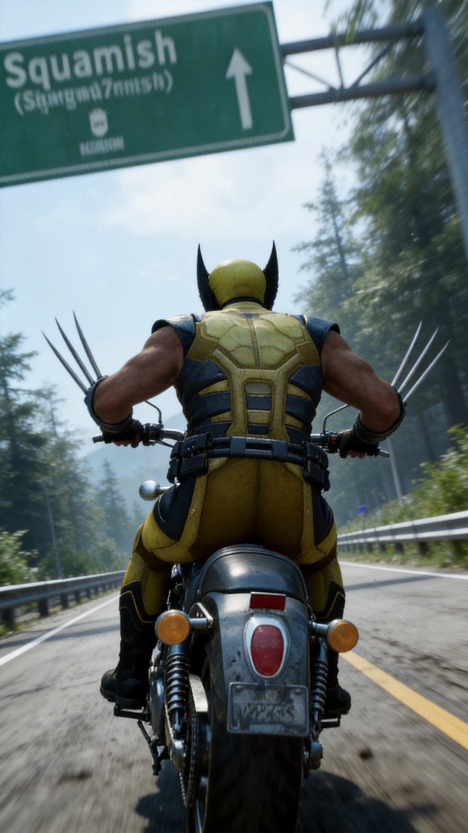 Wolverine cruising past a green Squamish highway sign with his hands off the handlebars