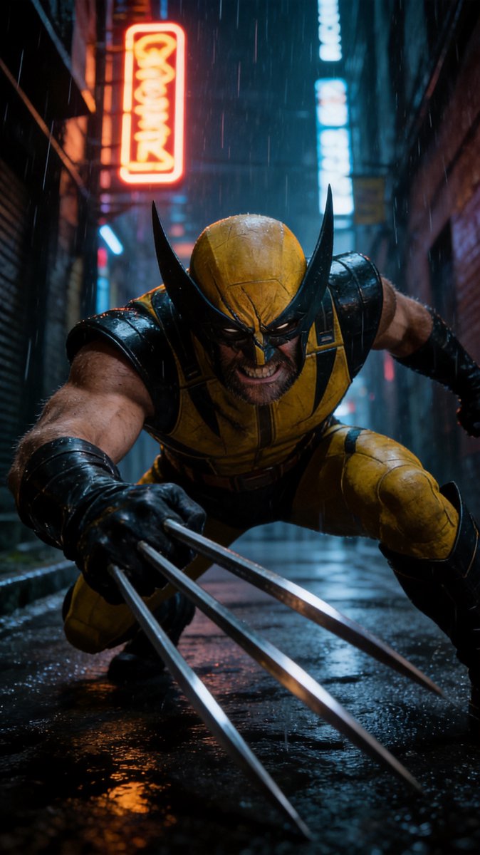 Wolverine with metal claws extended in a rain-slick neon alley at night