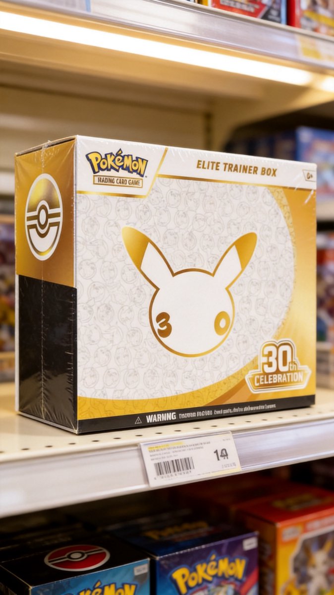 A sealed 30th Celebration Elite Trainer Box on a store shelf