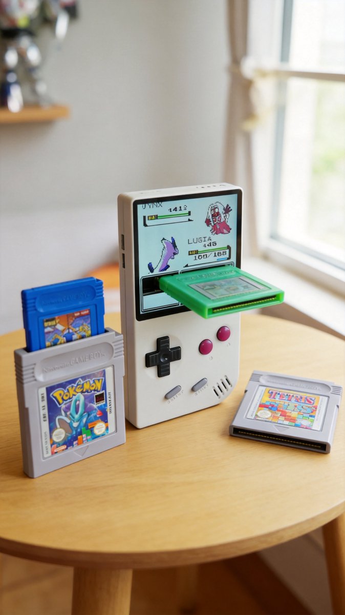 A classic Game Boy on a wooden table with a Tetris cartridge beside it, softly lit by window light