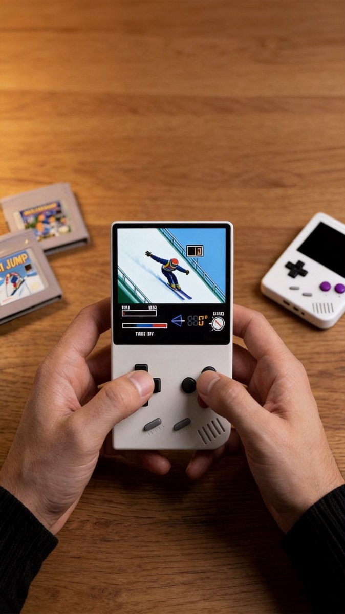 Hands playing a game on the tiny white handheld with cartridges stacked nearby