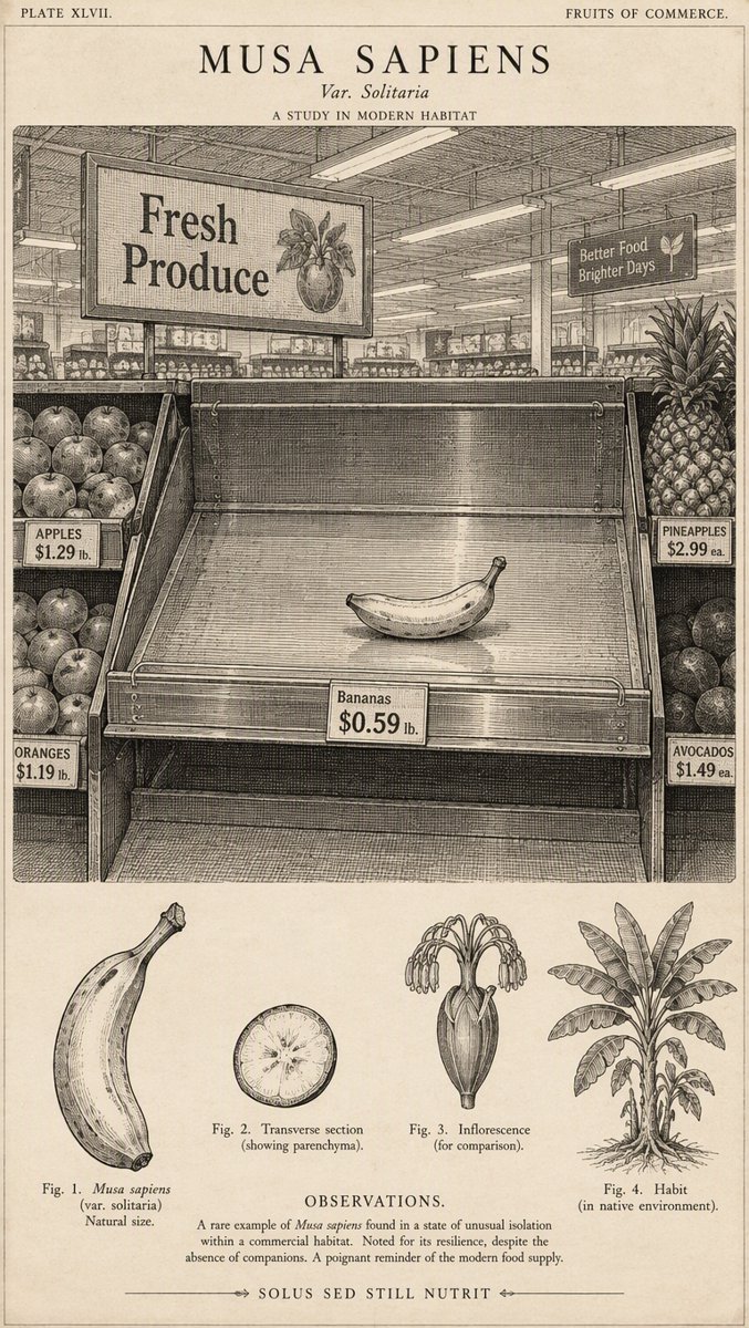 One lone banana left on an otherwise empty supermarket shelf