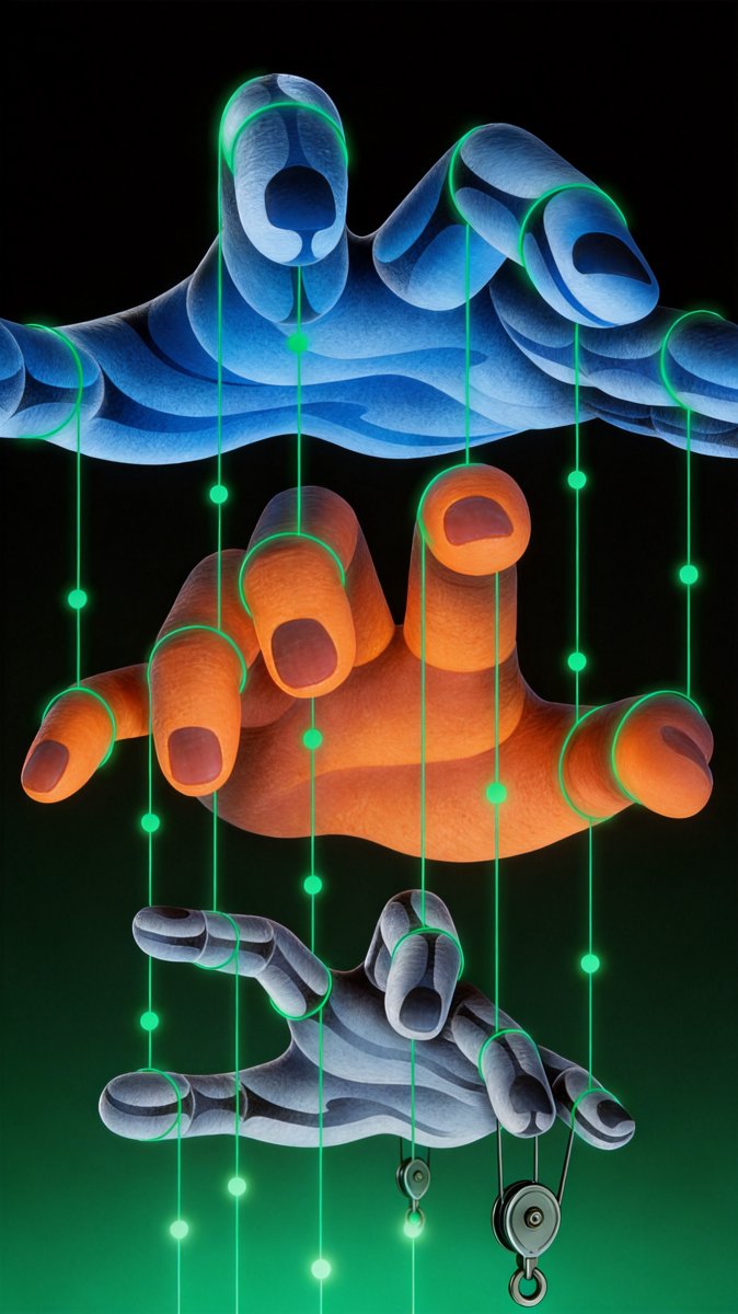 Stylized illustration of three hands pulling strings attached to glowing dots — labs holding control they admit is slipping