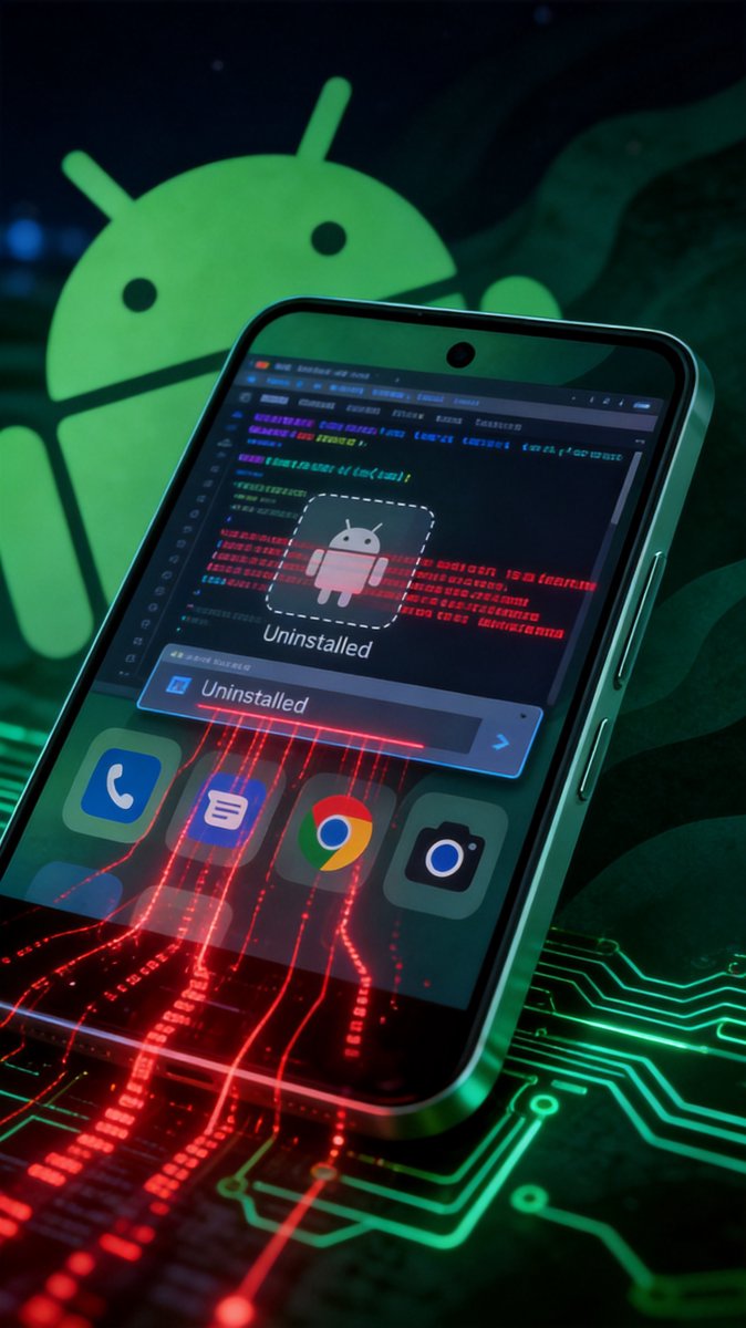 Ghostly red code streams burrowing into a phone, surviving an uninstall
