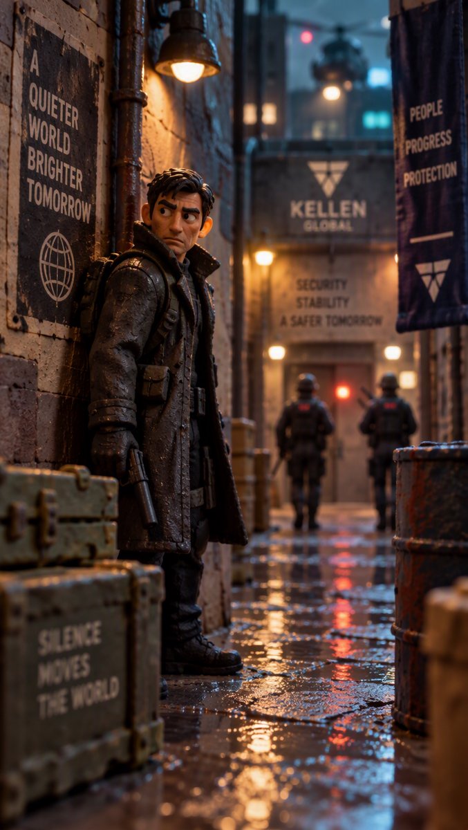 A lone operative in a rain-soaked neon corridor