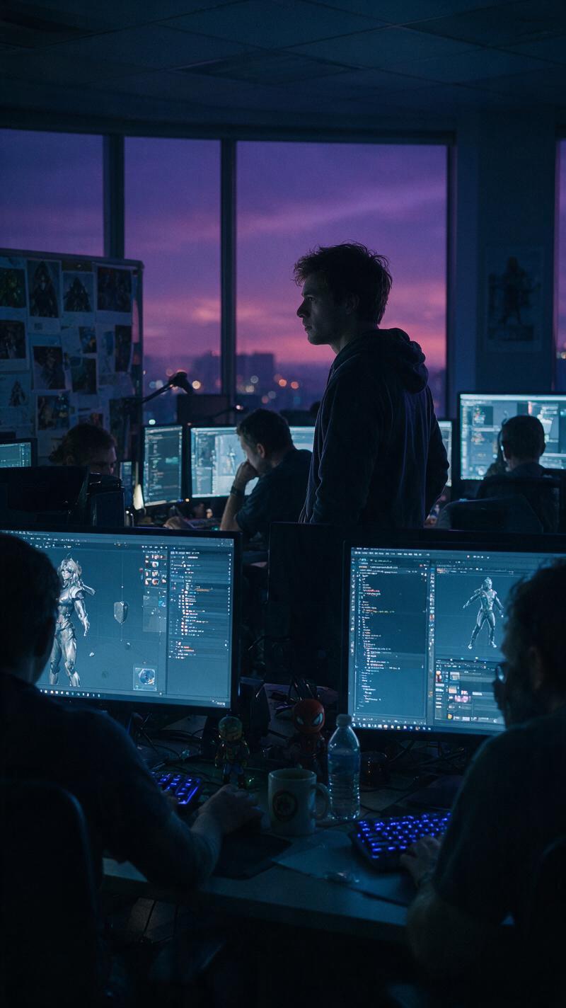 A developer standing between glowing monitors in a dark studio office