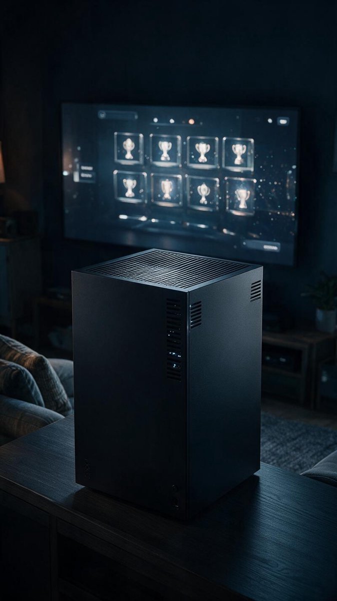 Matte-black next-generation Xbox console glowing in a dark living room with a trophy case on screen